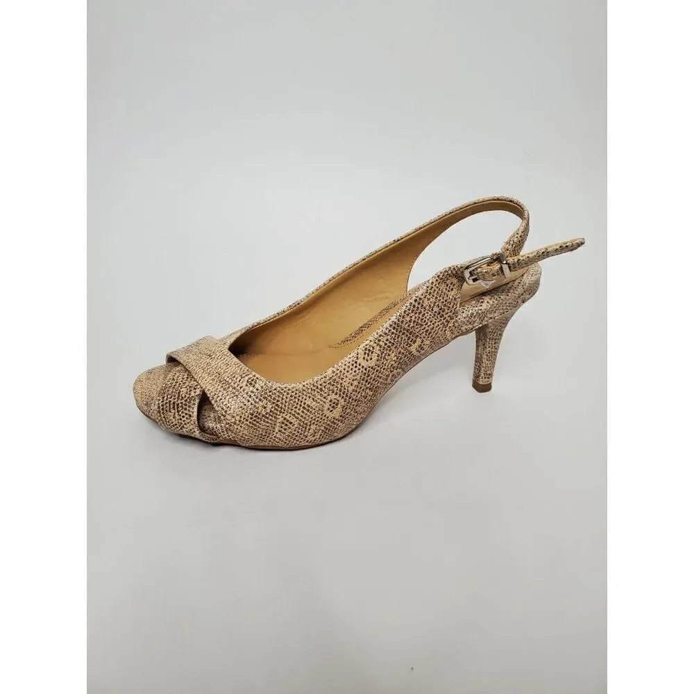 Nurture Leather Peep Toe Neutral Sparkle Snakeprint Slingback Heels